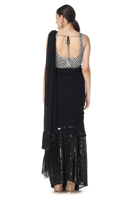 Shop_Rabani & Rakha_Black Georgette Round Embroidered Lehenga Saree With Blouse  _at_Aza_Fashions