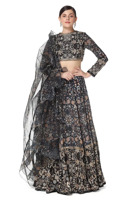 Rabani & Rakha Black Organza, Georgette, Dupion Round Printed Lehenga Set 