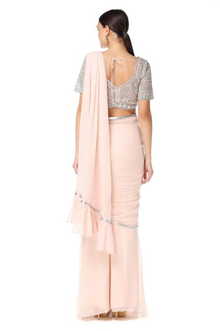 Shop_Rabani & Rakha_Peach Georgette V Neck Embroidered Lehenga Saree With Blouse  _at_Aza_Fashions