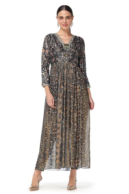 Rabani & Rakha_Black Georgette, Dupion V Neck Printed Kurta And Pant Set _Online_at_Aza_Fashions