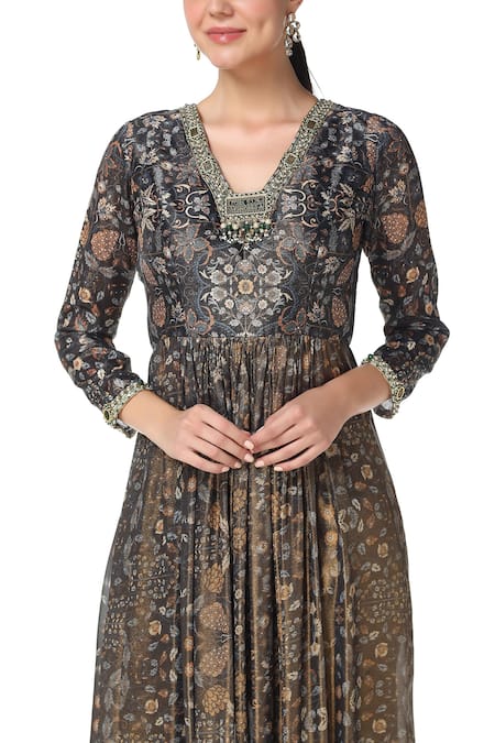 Buy_Rabani & Rakha_Black Georgette, Dupion V Neck Printed Kurta And Pant Set _Online_at_Aza_Fashions