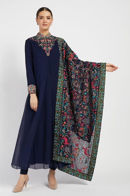 Rabani & Rakha Blue Georgette Mandarin Collar Rania Kurta Set  