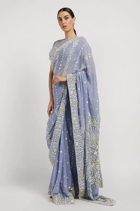 Rabani & Rakha_Blue Net, Georgette Round Zaynab Saree With Blouse _Online_at_Aza_Fashions