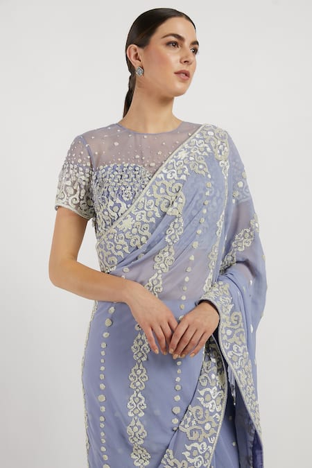 Buy_Rabani & Rakha_Blue Net, Georgette Round Zaynab Saree With Blouse _Online_at_Aza_Fashions