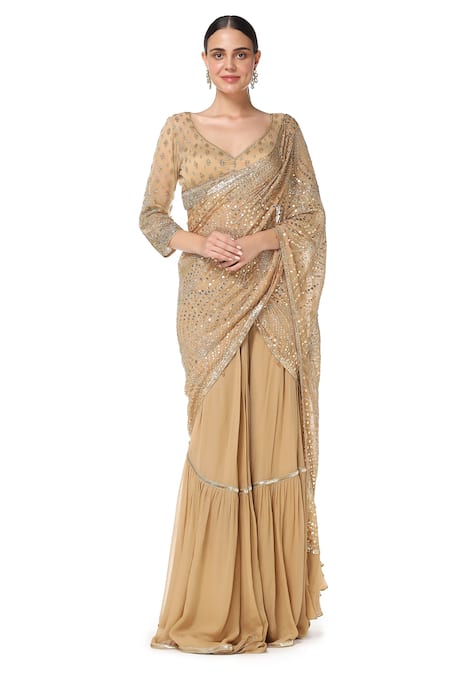 Rabani & Rakha_Gold Georgette V Neck Tiered Lehenga Saree With Blouse  _Online_at_Aza_Fashions