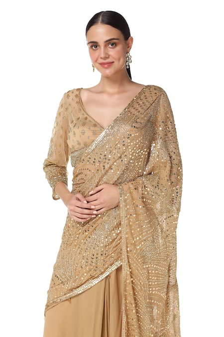 Buy_Rabani & Rakha_Gold Georgette V Neck Tiered Lehenga Saree With Blouse  _Online_at_Aza_Fashions