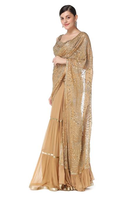 Rabani & Rakha_Gold Georgette V Neck Tiered Lehenga Saree  _Online_at_Aza_Fashions