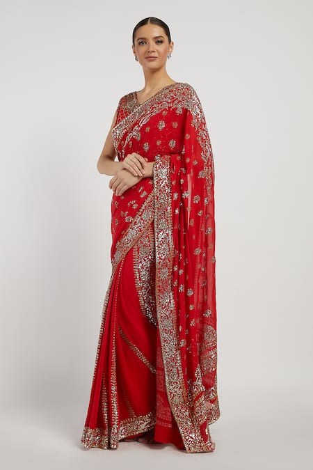 Rabani & Rakha_Red Net, Chiffon V Neck Zaynab Saree With Blouse _Online_at_Aza_Fashions