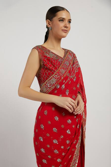Buy_Rabani & Rakha_Red Net, Chiffon V Neck Zaynab Saree With Blouse _Online_at_Aza_Fashions