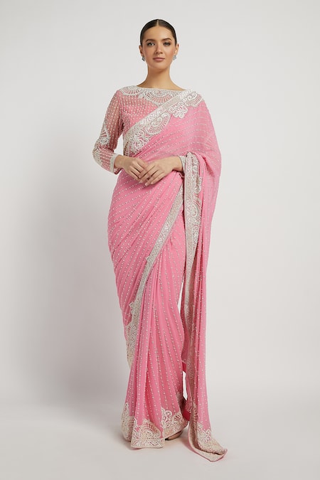 Rabani & Rakha Pink Net, Georgette Round Zaynab Striped Saree With Blouse 