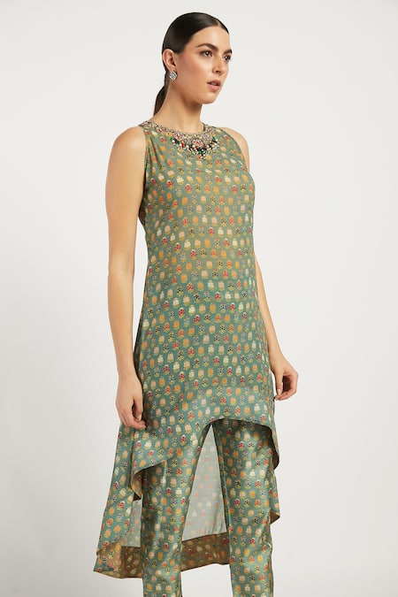 Buy_Rabani & Rakha_Green Organza, Georgette Round Dalia High Low Kurta Set _Online_at_Aza_Fashions