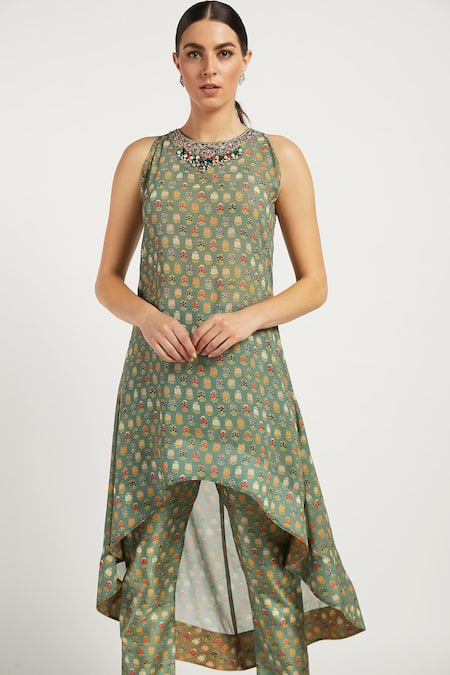 Shop_Rabani & Rakha_Green Organza, Georgette Round Dalia High Low Kurta Set _Online_at_Aza_Fashions