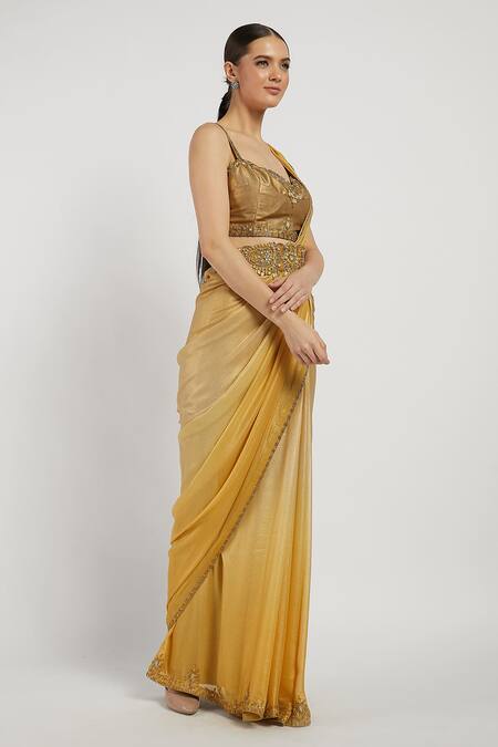 Rabani & Rakha_Gold Shimmer Georgette V Neck Zaynab Saree With Blouse _Online_at_Aza_Fashions