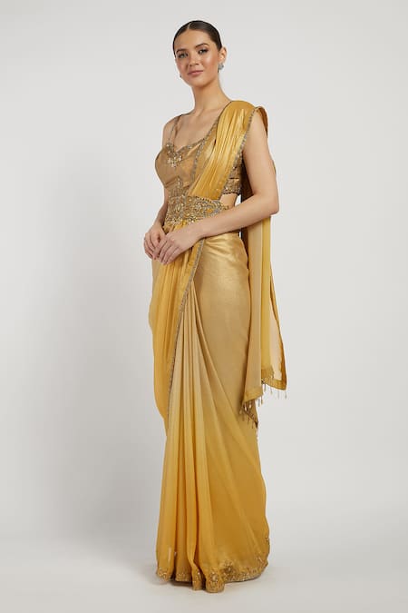 Buy_Rabani & Rakha_Gold Shimmer Georgette V Neck Zaynab Saree With Blouse _Online_at_Aza_Fashions
