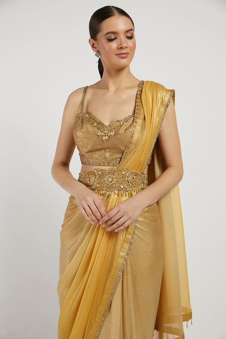 Shop_Rabani & Rakha_Gold Shimmer Georgette V Neck Zaynab Saree With Blouse _Online_at_Aza_Fashions