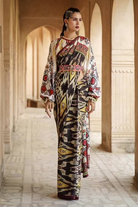 Rajdeep Ranawat_Black Silk Round Saffia Saree With Blouse_Online_at_Aza_Fashions