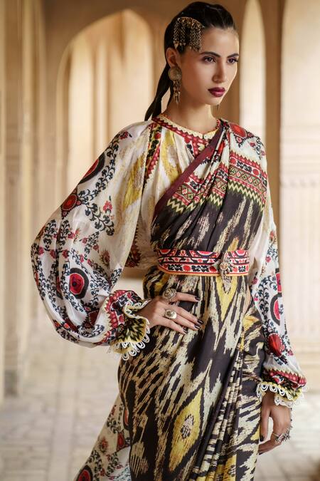 Buy_Rajdeep Ranawat_Black Silk Round Saffia Saree With Blouse_Online_at_Aza_Fashions