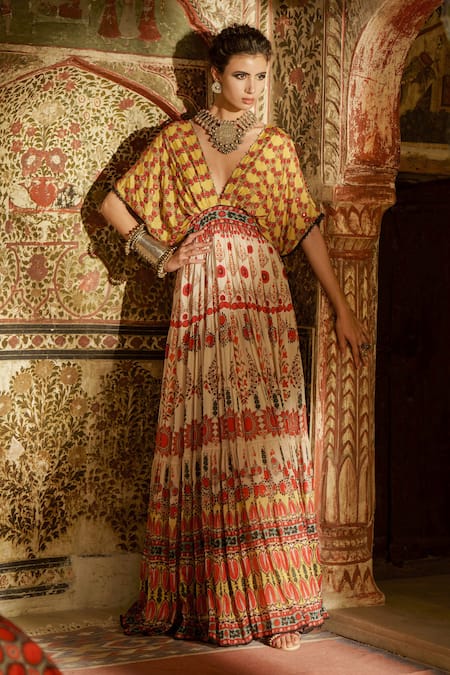 Rajdeep Ranawat Yellow Silk V Neck Dilara Printed Gown  