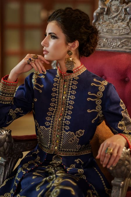 Rajdeep Ranawat Blue Dupion Mandarin Collar Indira Panelled Printed Jacket  