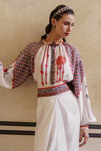 Rajdeep Ranawat_White Silk Round Larisa Printed Top_Online_at_Aza_Fashions