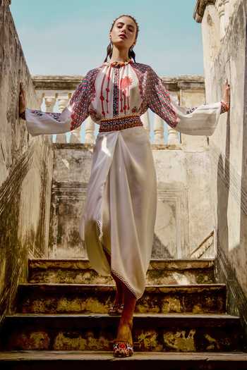 Buy_Rajdeep Ranawat_White Silk Round Larisa Printed Top_Online_at_Aza_Fashions