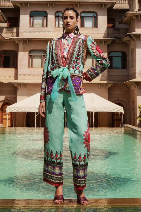 Buy_Rajdeep Ranawat_Blue Dupion V Neck Feruza Jacket_Online_at_Aza_Fashions