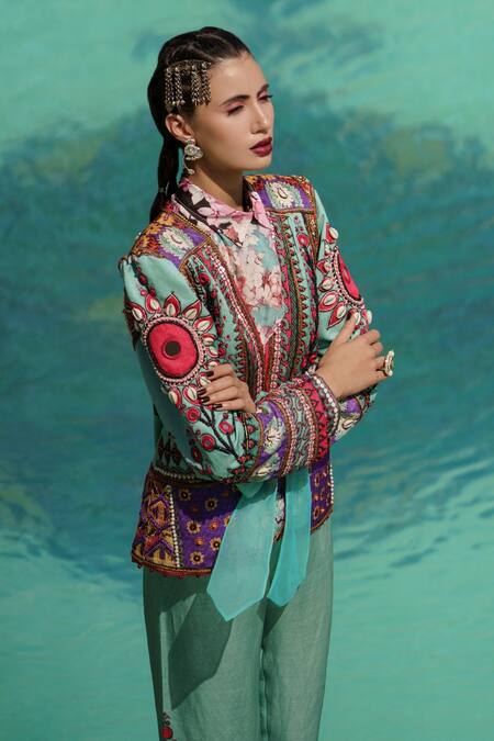 Shop_Rajdeep Ranawat_Blue Dupion V Neck Feruza Jacket_Online_at_Aza_Fashions