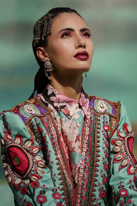 Rajdeep Ranawat_Blue Dupion V Neck Feruza Jacket_at_Aza_Fashions