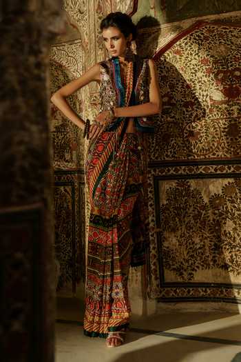 Rajdeep Ranawat_Brown Dupion Round Zamina Waistcoat_Online_at_Aza_Fashions
