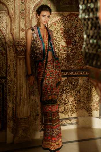 Buy_Rajdeep Ranawat_Brown Dupion Round Zamina Waistcoat_Online_at_Aza_Fashions