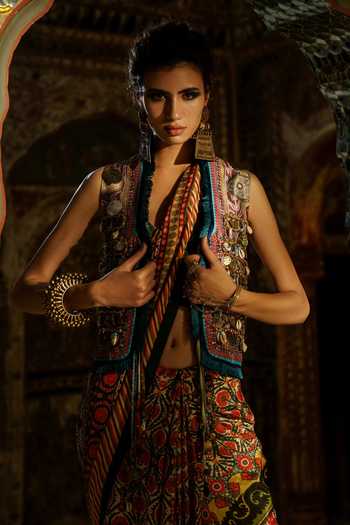 Shop_Rajdeep Ranawat_Brown Dupion Round Zamina Waistcoat_Online_at_Aza_Fashions