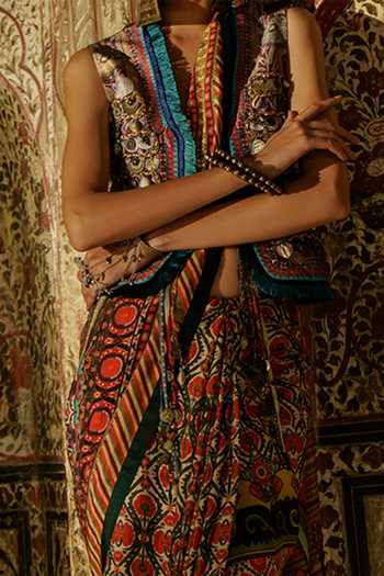 Rajdeep Ranawat_Brown Dupion Round Zamina Waistcoat_at_Aza_Fashions