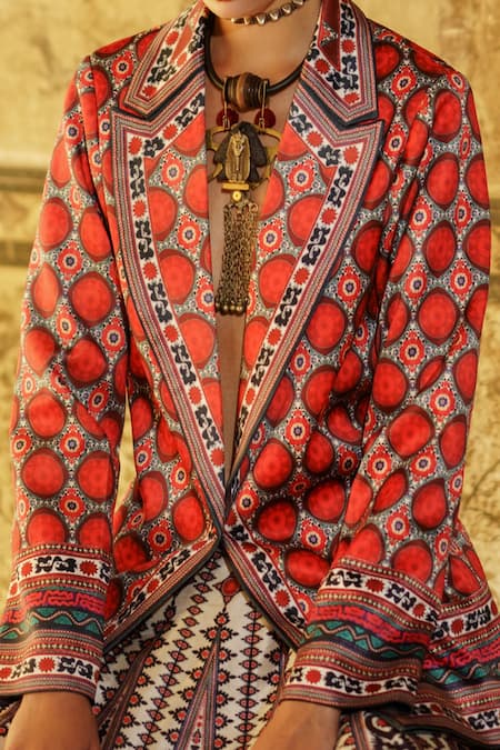 Shop_Rajdeep Ranawat_Red Satin Lapel Collar Ravneet Blazer And Lehenga Set_Online_at_Aza_Fashions