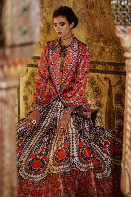 Buy_Rajdeep Ranawat_Red Satin Lapel Collar Ravneet Blazer  _Online_at_Aza_Fashions