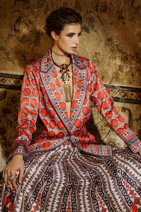Shop_Rajdeep Ranawat_Red Satin Lapel Collar Ravneet Blazer  _Online_at_Aza_Fashions