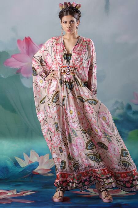 Buy_Rajdeep Ranawat_Beige Silk Lotus Motifs V Neck Imama Printed Kaftan_Online_at_Aza_Fashions