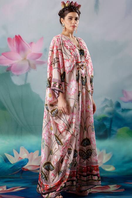 Rajdeep Ranawat_Beige Silk Lotus Motifs V Neck Imama Printed Kaftan_Online_at_Aza_Fashions