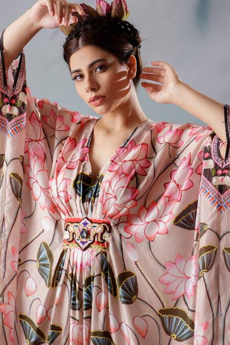 Shop_Rajdeep Ranawat_Beige Silk Lotus Motifs V Neck Imama Printed Kaftan_Online_at_Aza_Fashions