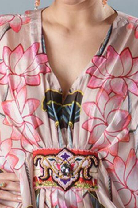 Rajdeep Ranawat_Beige Silk Lotus Motifs V Neck Imama Printed Kaftan_at_Aza_Fashions