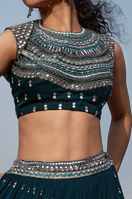 Buy_Awigna_Green Georgette Mirror, Resham Halter Neck Blouse And Lehenga Set_Online_at_Aza_Fashions