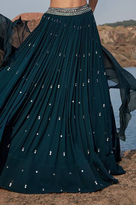 Shop_Awigna_Green Georgette Mirror, Resham Halter Neck Blouse And Lehenga Set_Online_at_Aza_Fashions