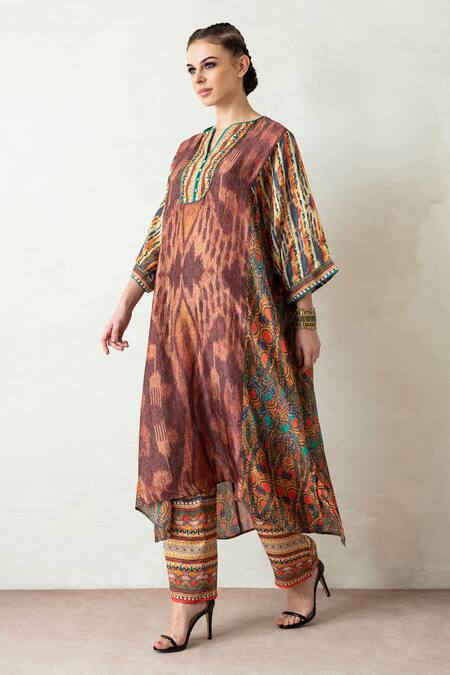 Rajdeep Ranawat_Brown Silk Round Madina Asymmetric Tunic_Online_at_Aza_Fashions