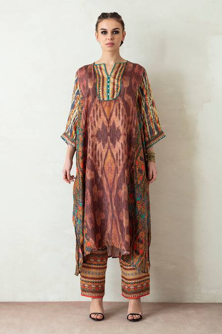 Buy_Rajdeep Ranawat_Brown Silk Round Madina Asymmetric Tunic_Online_at_Aza_Fashions