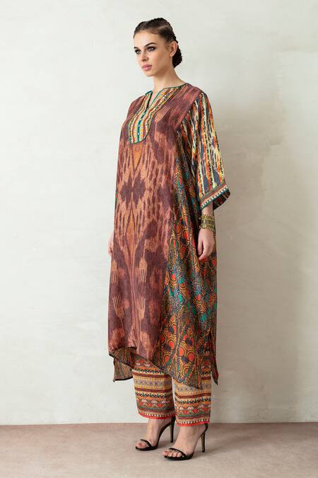 Shop_Rajdeep Ranawat_Brown Silk Round Madina Asymmetric Tunic_Online_at_Aza_Fashions