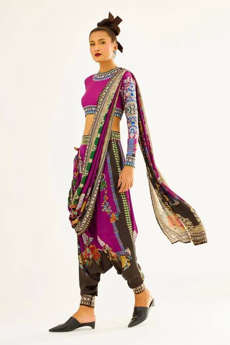 Rajdeep Ranawat_Purple Silk Floral Round Tamara Printed Turkish Pant Saree With Blouse_Online_at_Aza_Fashions