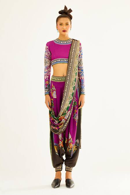 Buy_Rajdeep Ranawat_Purple Silk Floral Round Tamara Printed Turkish Pant Saree With Blouse_Online_at_Aza_Fashions