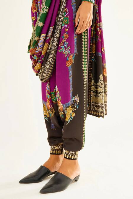 Shop_Rajdeep Ranawat_Purple Silk Floral Round Tamara Printed Turkish Pant Saree With Blouse_Online_at_Aza_Fashions