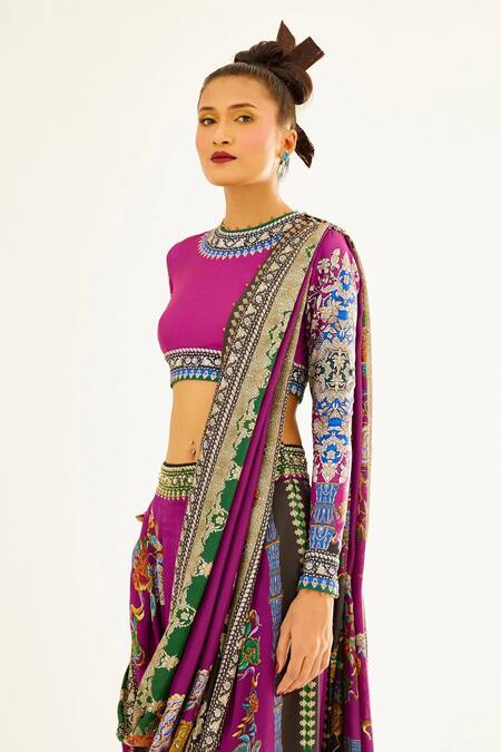 Rajdeep Ranawat_Purple Silk Floral Round Tamara Printed Turkish Pant Saree With Blouse_at_Aza_Fashions