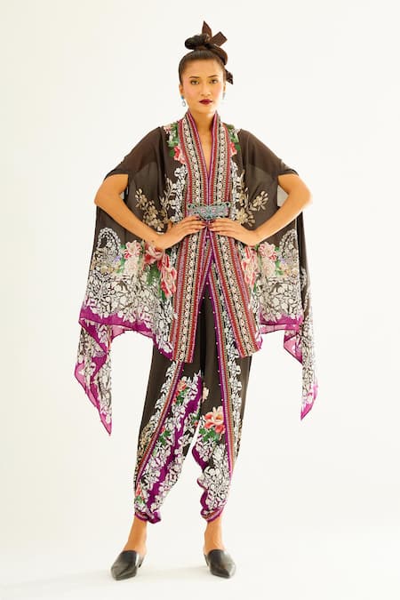 Rajdeep Ranawat Black Silk Printed Floral V Neck Chloe Cape  