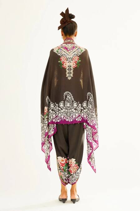 Shop Rajdeep Ranawat Black Silk Floral V Neck Chloe Printed Cape at Aza Fashions Shop_Rajdeep Ranawat_Black Silk Floral V Neck Chloe Printed Cape_at_Aza_Fashions